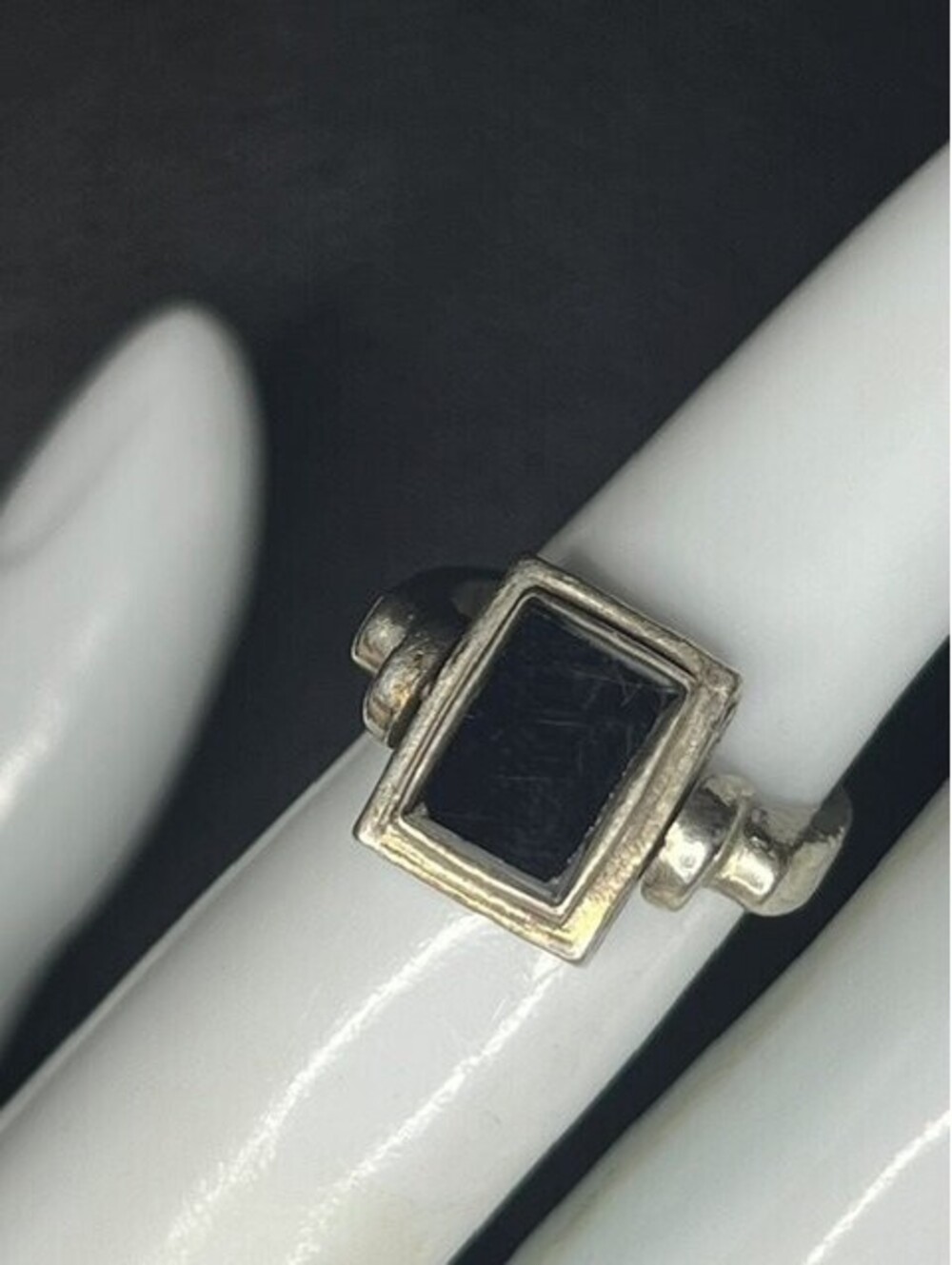 B7278  VTG Sterling Silver Reversible Ring Black Onyx Floral Filigree sz 5.5